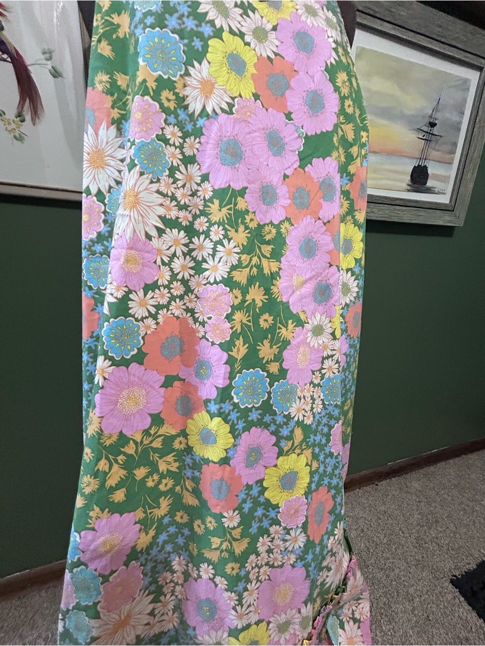 Green Floral Maxi Dress with Pastel Blooms and pockets! - Picture 3 of 7